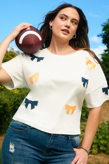 HY9583 Orange Womens Gameday Team Color Sequin Bow Patched T Shirt Front